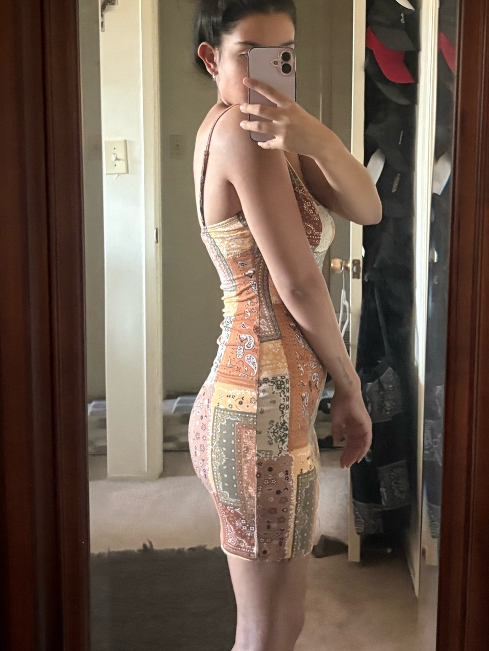 Sleeveless Patchwork Paisley Bodycon Dress in Rust and Olive